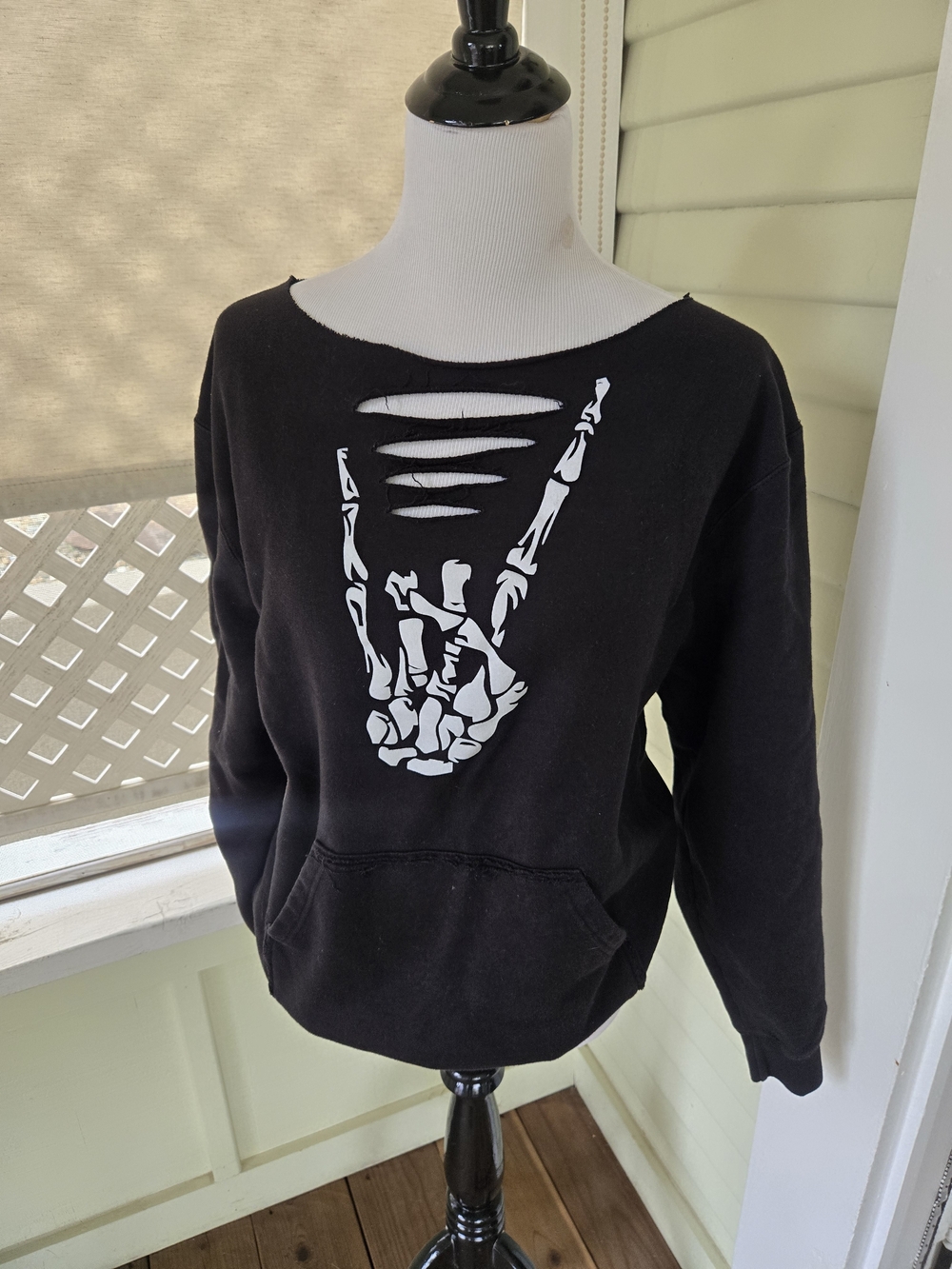 Black Women's Distressed Skeleton Hand Pullover Sweatshirt
